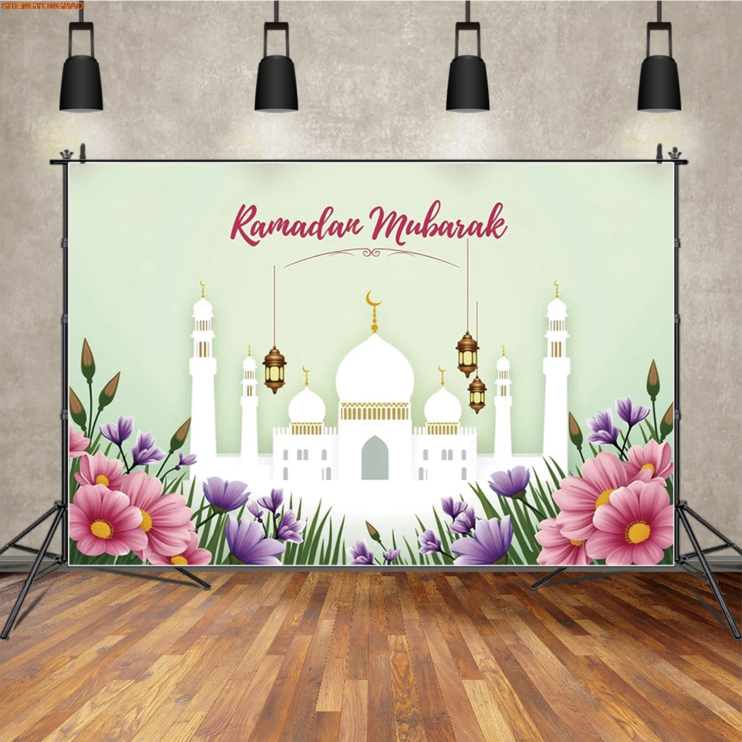 

Islamic Ramadan Mubarak Background Photography Flowers White Mosque Lantern Photocall Backdrop Festival Event Decor