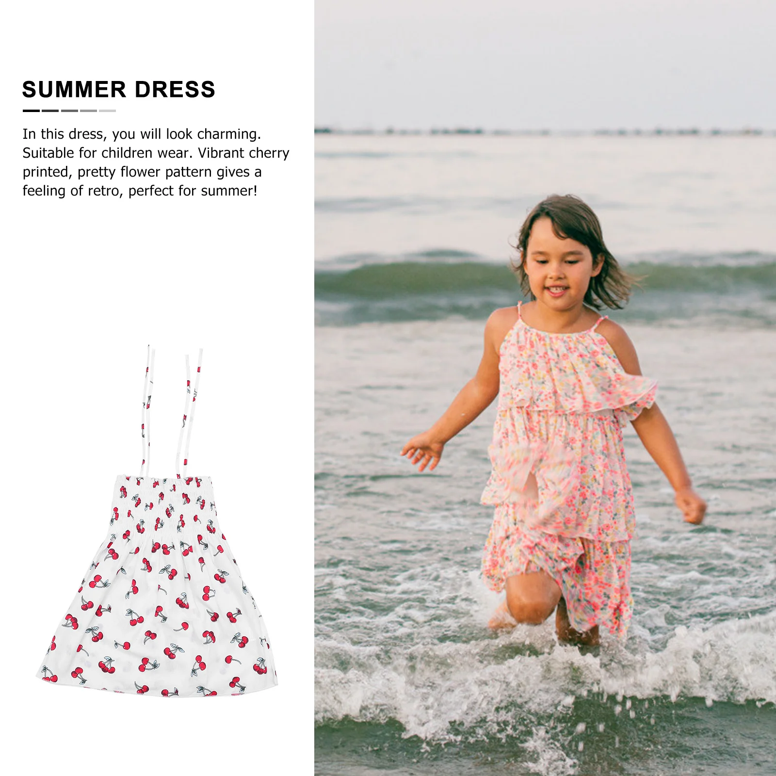 

1pc Cherry Printed Summer Dress Sleeveless Strap Beach Wear For Girls Summer Dress Casual One-Piece Play Party Clothing