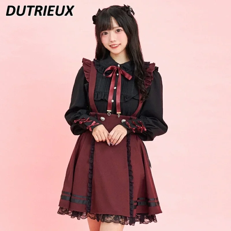 Spring Autumn Bottoming Shirt Sweet Cute Girls Japanese Fungus Edge Blouse Bow Tie Love Pendant Doll Collar Long Sleeve Tops