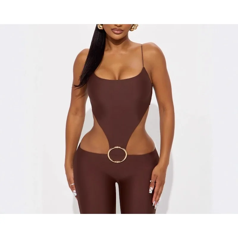 بدلة يوجا مجوفة من قطعة واحدة قابلة للإزالة بدلة رياضية نسائية بدون أكمام بحلقة معدنية بدون ظهر مضيئة ملابس رياضية للتمرين