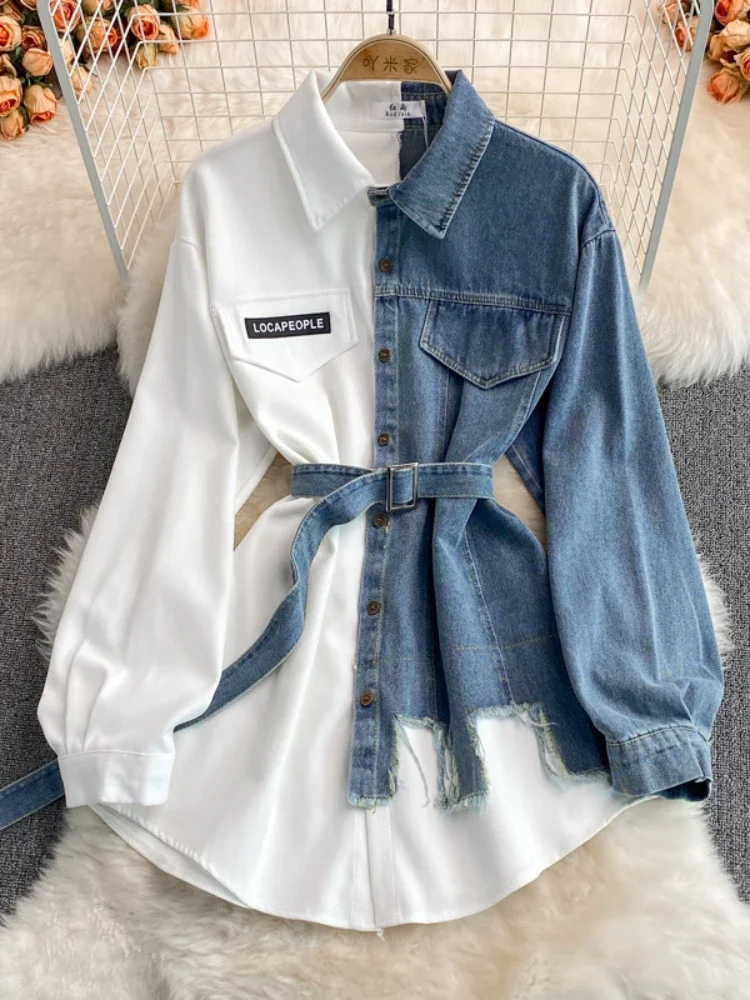 Women\'s Blouse Spring Denim Patchwork Corduroy Lapel Dress Korean Fashion Waist Irregular Medium Length Dresses New Women Shirt