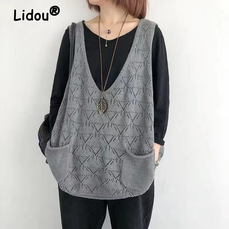 Women Vintage Simple Casual Hollow Pockets Solid Knitted Sweater Vest Spring Autumn V Neck Sleeveless Loose Outerwears Waistcoat