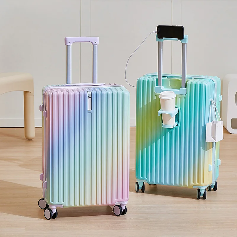 

Aluminum Frame Luggage for Men and Women New Gradient Color Suitcase 20-28 Inch with USB Cup Holder PC Material Trolley Case