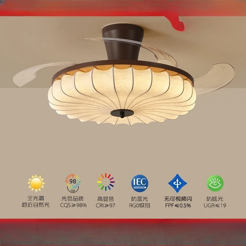 Walnut fan light retro invisible dining room ceiling fan light full spectrum medieval bedroom with fan eye protection lamp