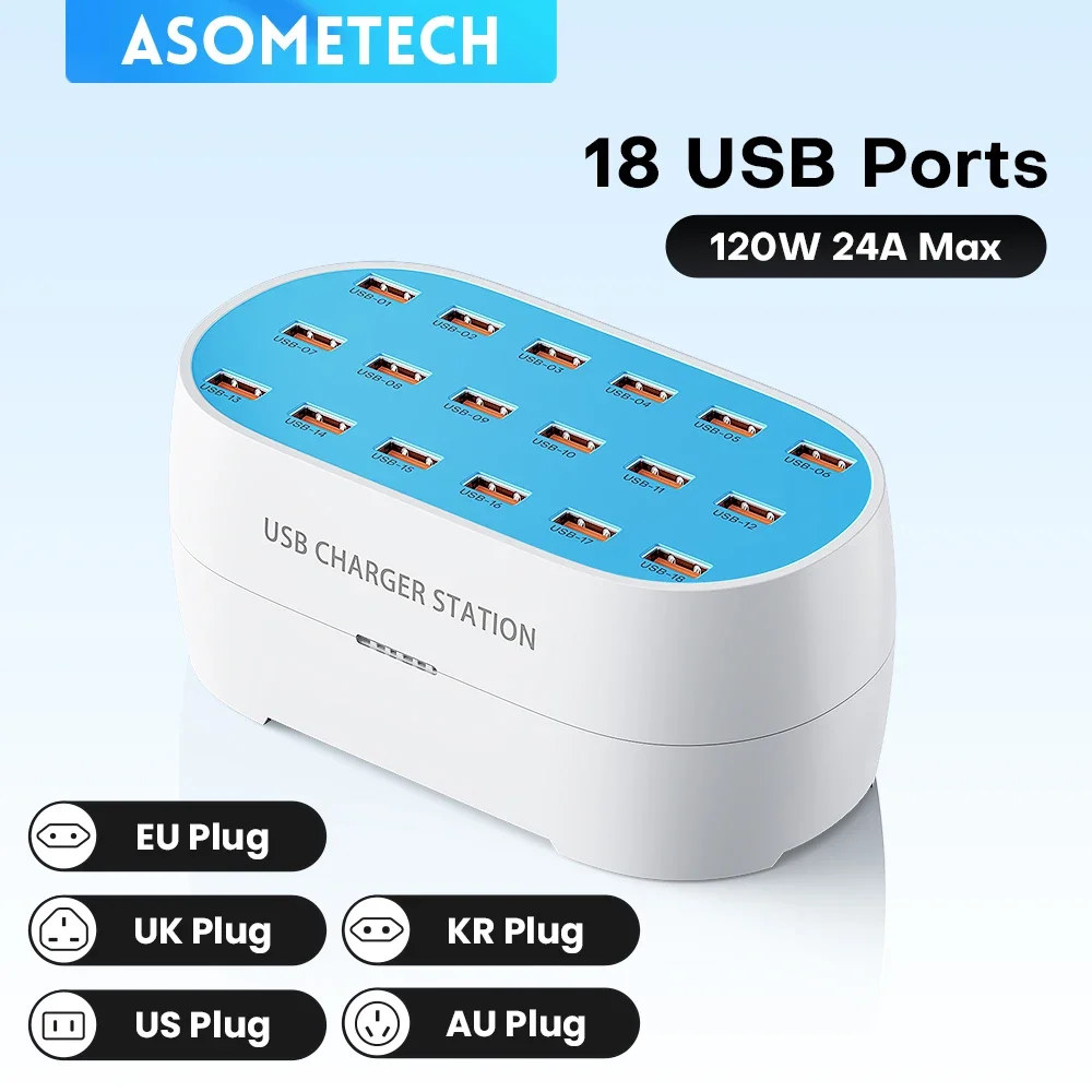 120W Multi USB Charger 12/18/20/30 Ports USB Desktop Charging Station For IPhone 14 5 Ipad Samsung Tablet Multiple Device Mobile