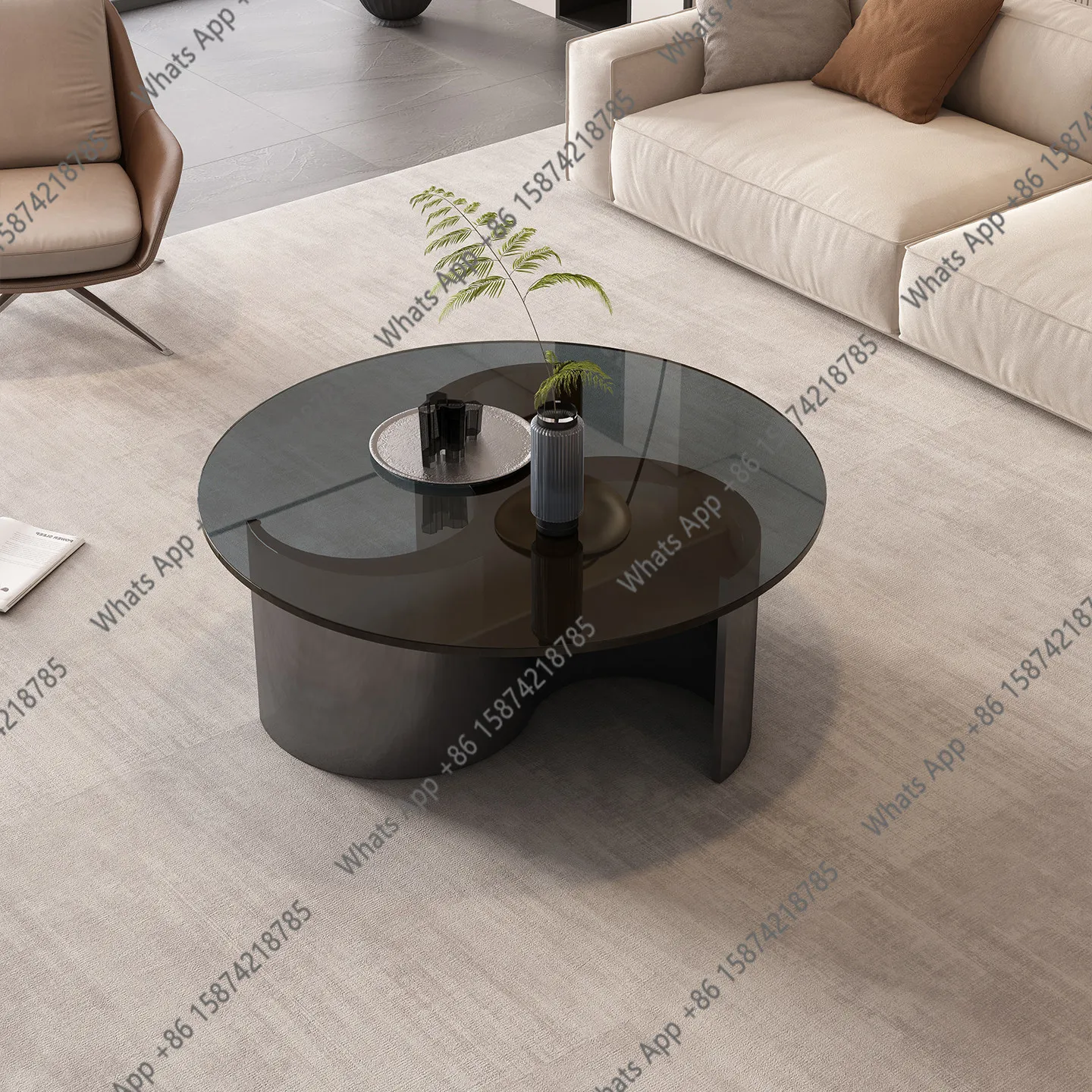 

New Italian light luxury round living room home modern simple tempered glass coffee table combination