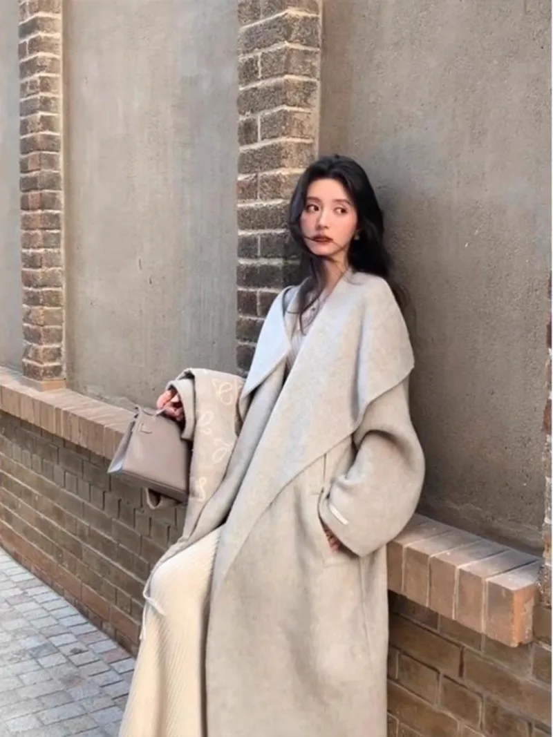 MiiiiX Korean Gray Double-sided Woolen Coat Loose Large Lapel Design Trench Jacket Versatile Outerwear Women's Autumn Clothes