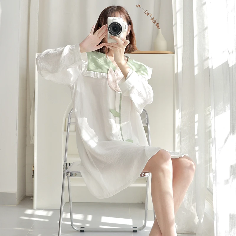 New Flowers Ice Silk Pajamas Women's Tulip Long Sleeve Thin Sweet Shirt Nightdress Long Summer Home Clothes