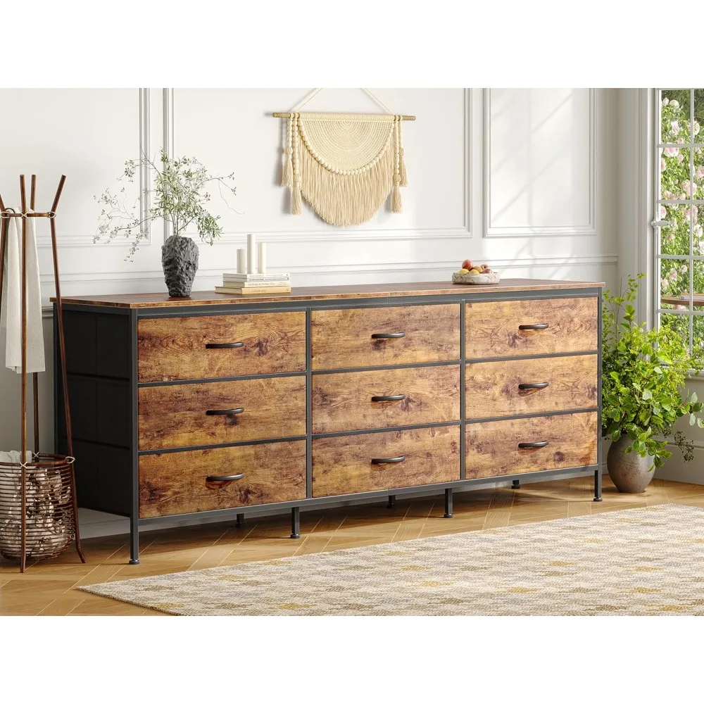 9 Drawer Dresser, 63 Inch Dresser TV Stand for 55, 65, 70 Inch TV, Entertainment Center with Drawers, Large Long Fabric Dresser