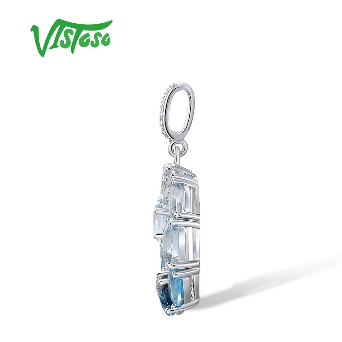 VISTOSO Genuine 14K 585 White Gold Pendant For Women Sparkling Gradual Blue Topaz Diamond Circle Pendant Gorgeous Fine Jewelry