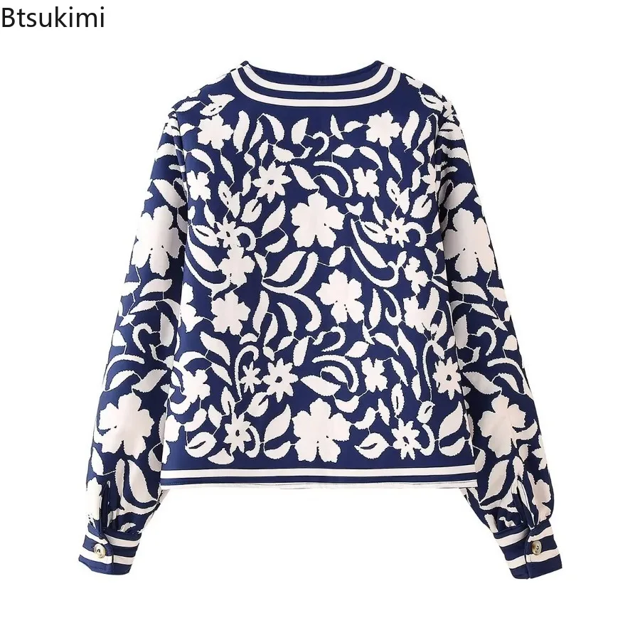 Fashion Floral Printing Cardigan Warm Jacket for Women 2025 Autumn Winter Round Neck Long Sleeve Coats Elegant Street Outerwear