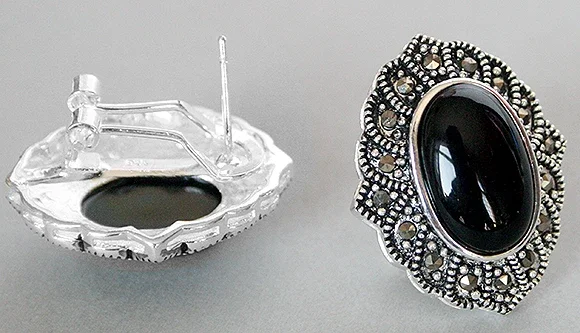 Hot selling VINTAGE 925 SILVER NATURAL BLACK stone MARCASITE STUD EARRINGS 1