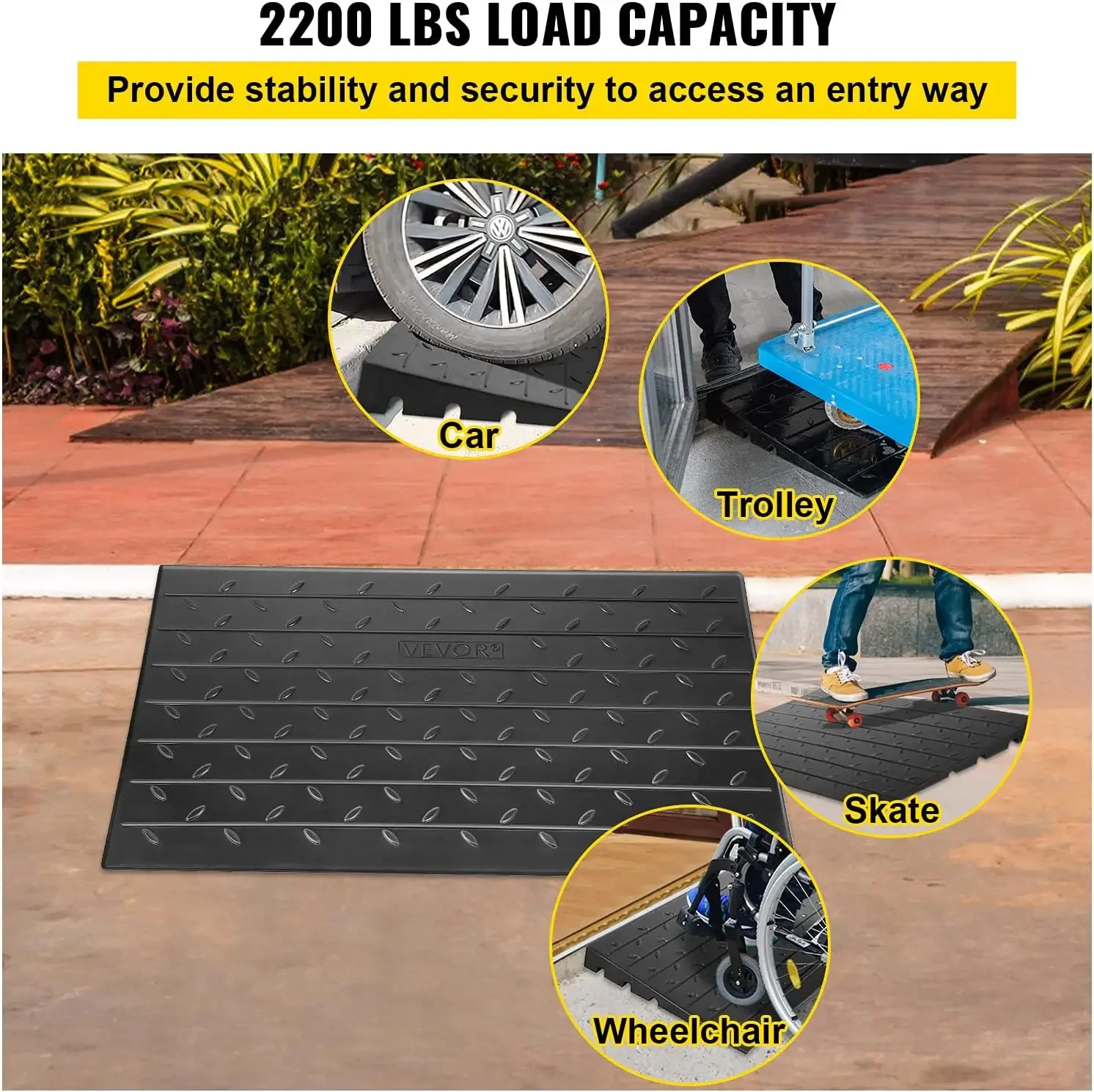 Rubber Threshold Ramp, 4" Rise Threshold Ramp Doorway, 3 Channels Cord Cover Rubber Solid Threshold Ramp