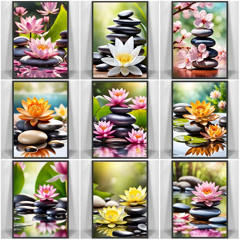 Multiple sizes 1pc frameless Canvas Painting,Pink Lily Tranquility Spa Zen Stone Posters Prints Canvas Painting Wall Art Bathroo
