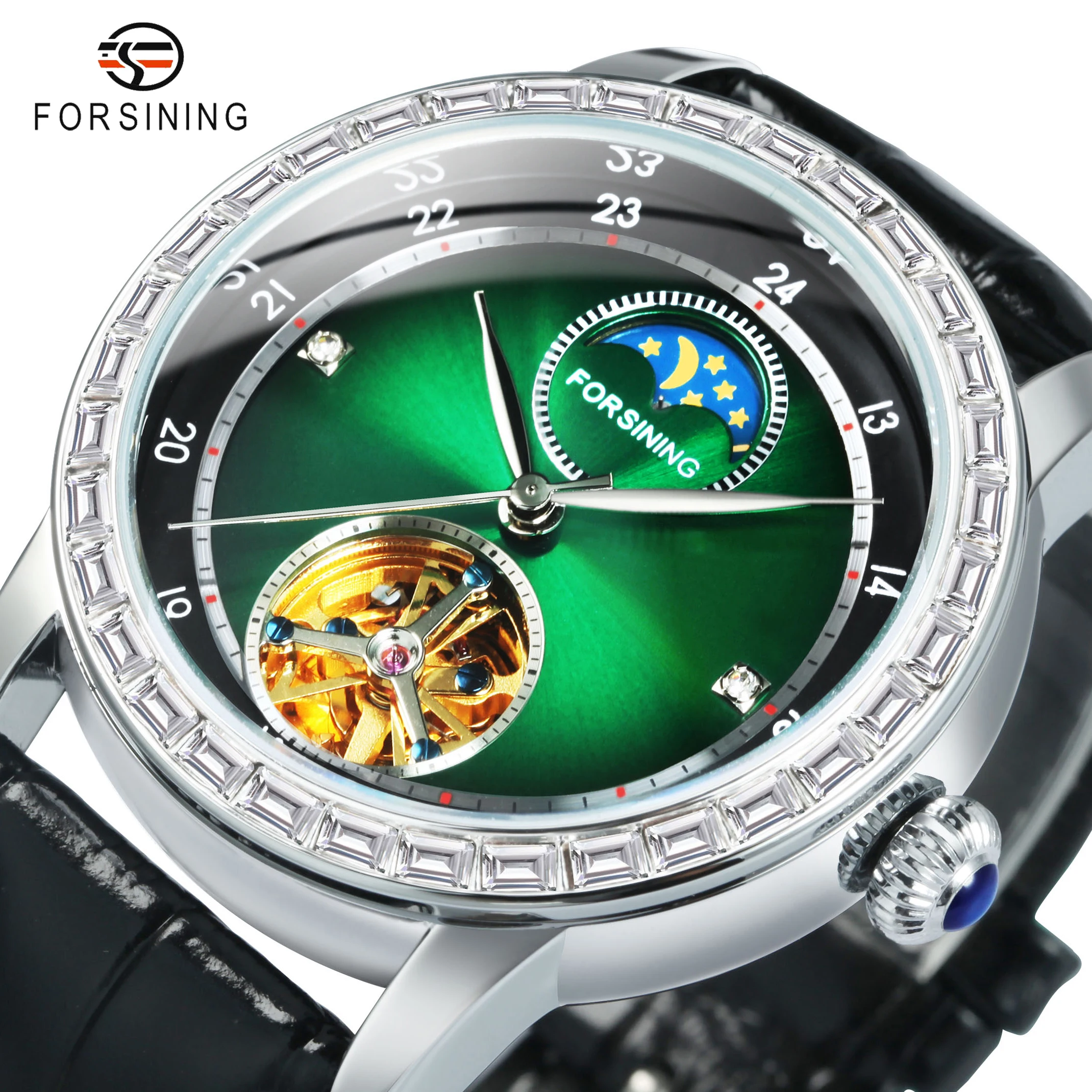 Fashion Forsining Top Brand Luxury Tourbillon Skeleton Automatic Men Jade Green Moon Phase Dial Genuine Leather Mechanical Watch