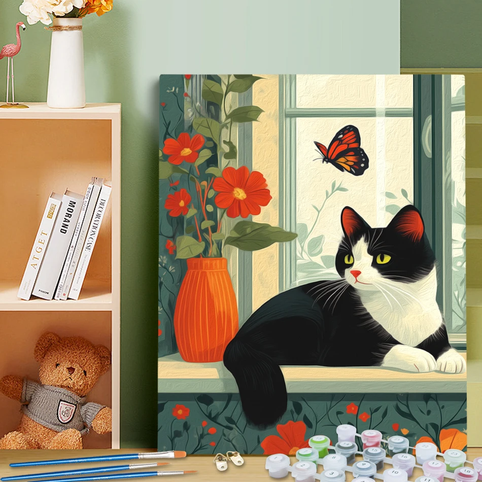 RUOPOTY Malen nach Zahlen, Fensterschweller, Katze, Malen für Erwachsene, handgefertigte Acrylfarben, Zeichenpinsel, Farbmarkierungen, Wanddekoration