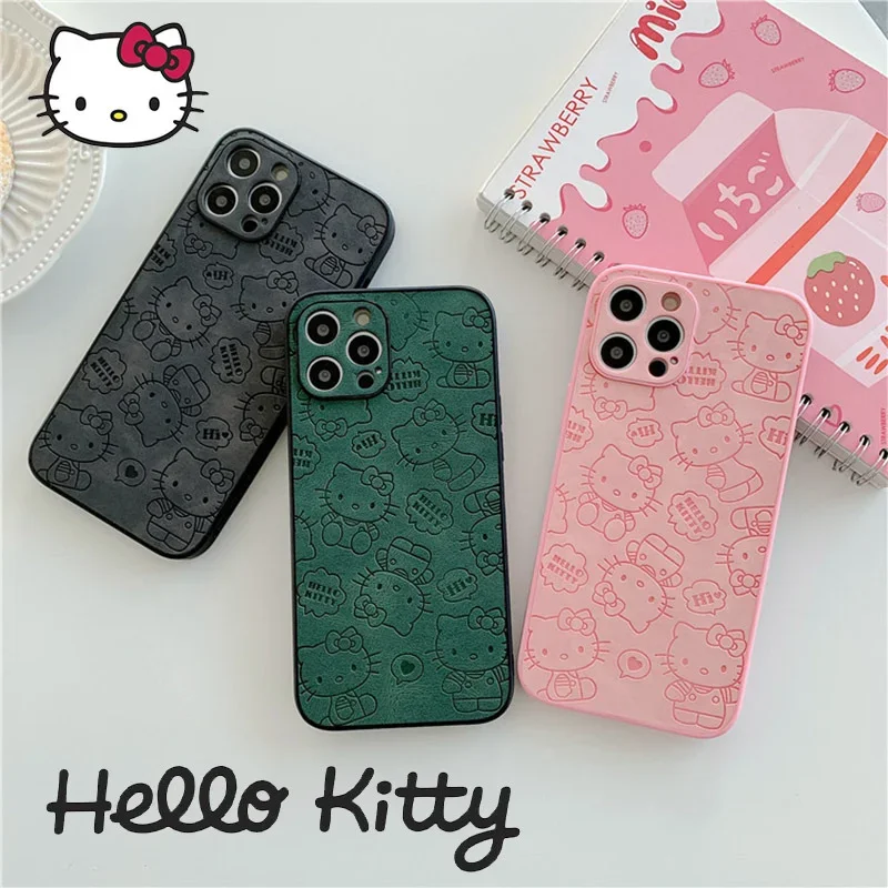 Hello Kitty Cartoon Phone Cases for IPhone 14 13 12 11 Pro Max XR XS MAX 8 X 7 SE 2022 Imitation Leather Kawaii Phone Back Cover