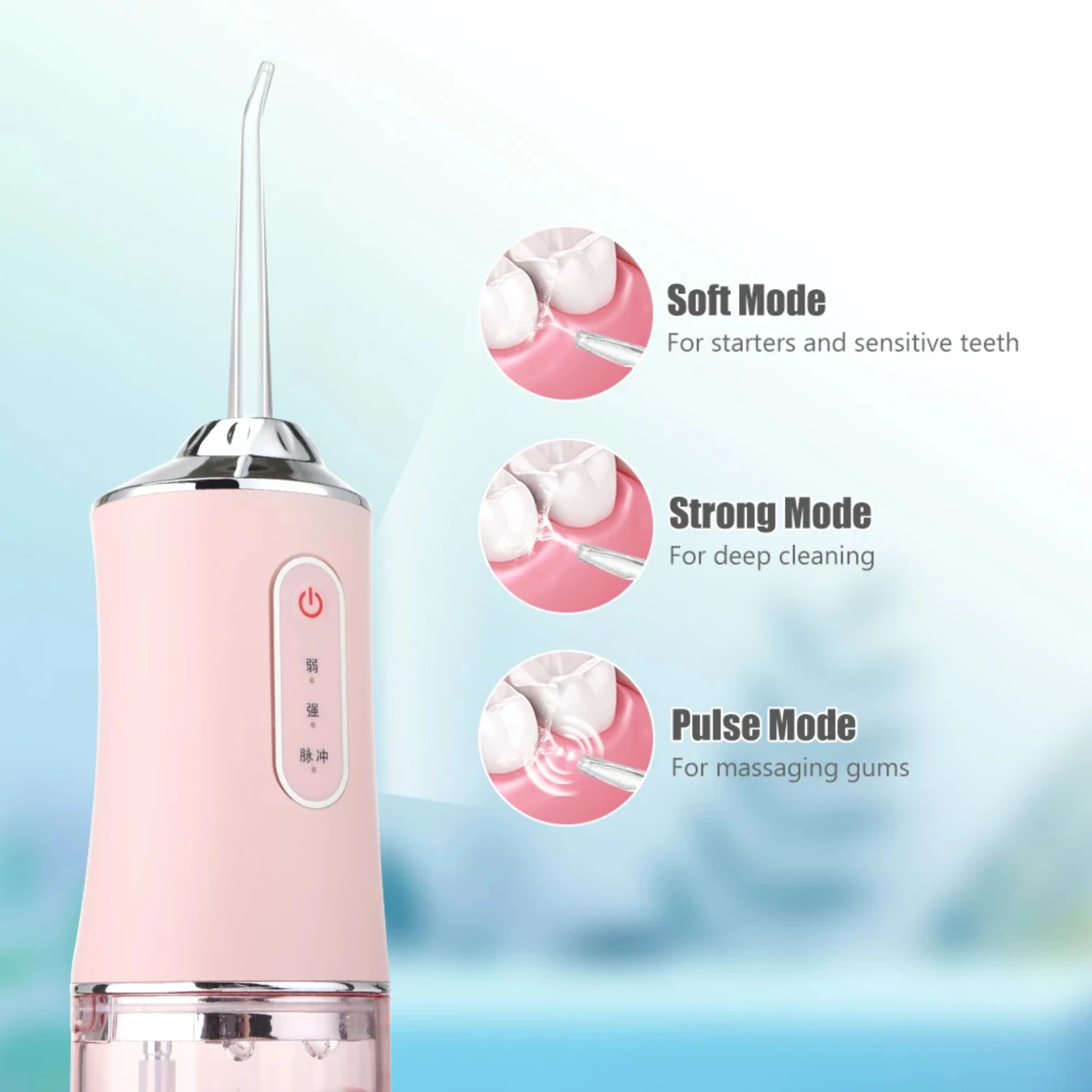 

Irrigator Portable Dental Water Flosser USB Rechargeable Water Jet Floss Tooth Pick 4 Jet Tip 220ml 3 Modes IPX7 1400rpm Floss