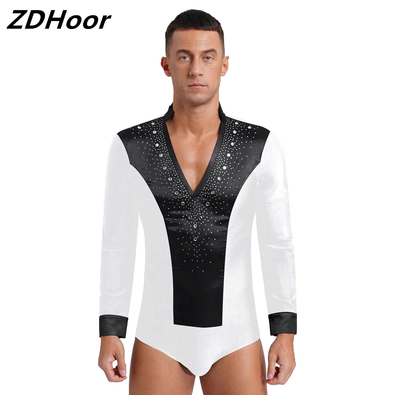 

Mens Glittery Rhinestones Latin Dance Leotard V Neck Long Sleeve Satin Patchwork Bodysuit for Figure Skating Stage Performance