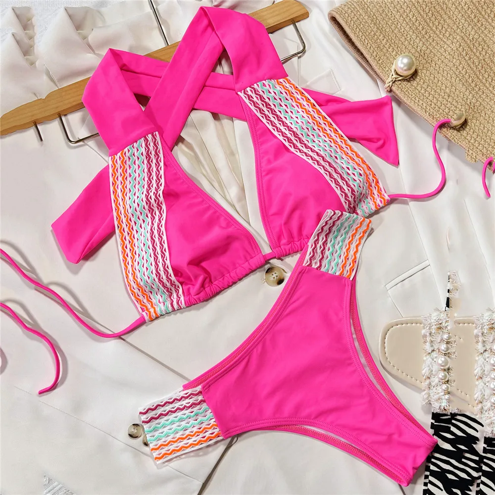 

Комплект бикини женский с пуш-ап, пикантный купальник с лямкой на шее, купальники в стиле пэчворк, Бразильский купальный костюм, 2024