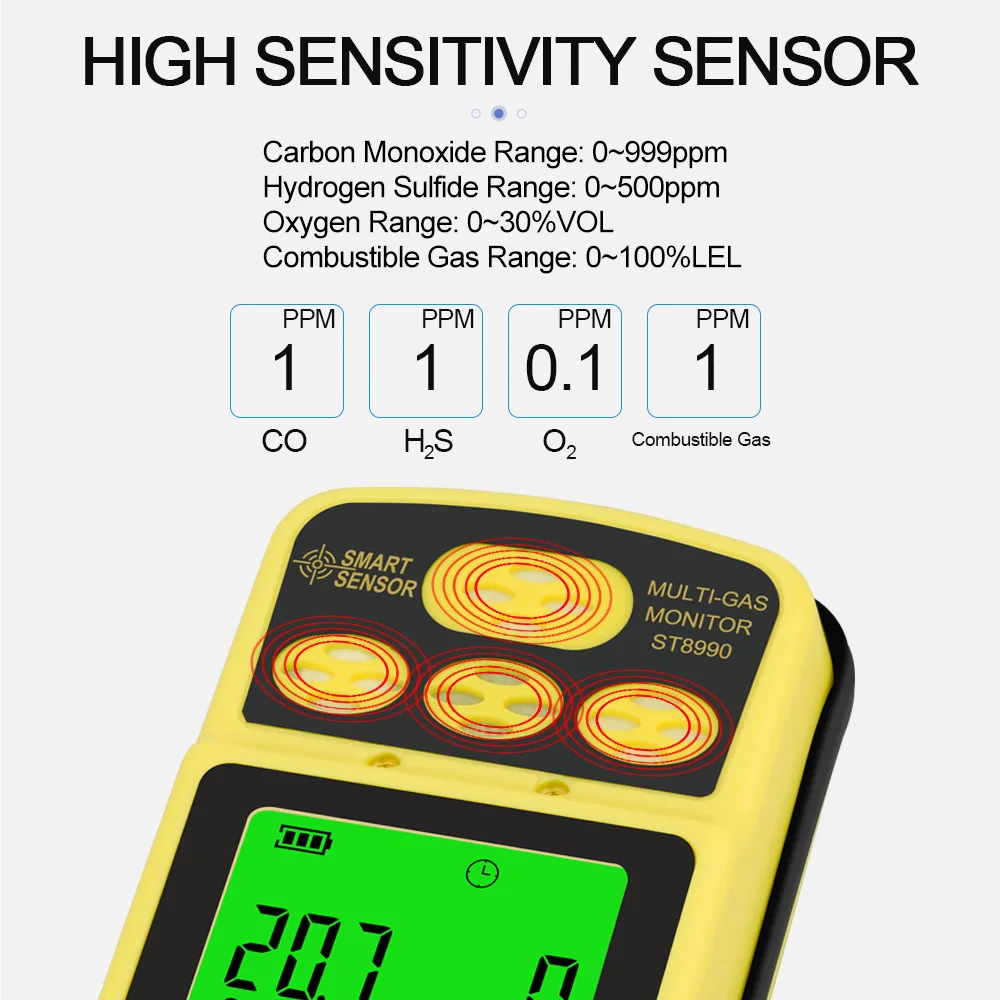 Imagem -03 - Detector de Gás Recarregável com Função de Alarme de Retroiluminação Analisador de Alarme o2 Lel co H2s em St8990