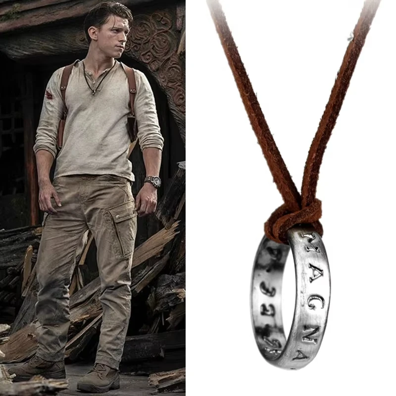 Juego de película Uncharted 4 collar Nathan Drake Cosplay anillo cuero código antiguo Vintage colgante joyería Prop