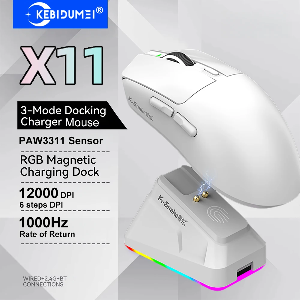 

X11 PAW3311 Gaming Mouse Tri-Mode Wireless Mouse 12000 DPI Bluetooth Mouse RGB Touch Magnetic Charging Base BT/2.4G/Wired Mice