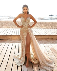 2023 Wedding Party Dresses Female Evening Elegant Sexy Deep V Neck Strap Sleeveless Beaded Appliques Long Maxi Dresses For Women