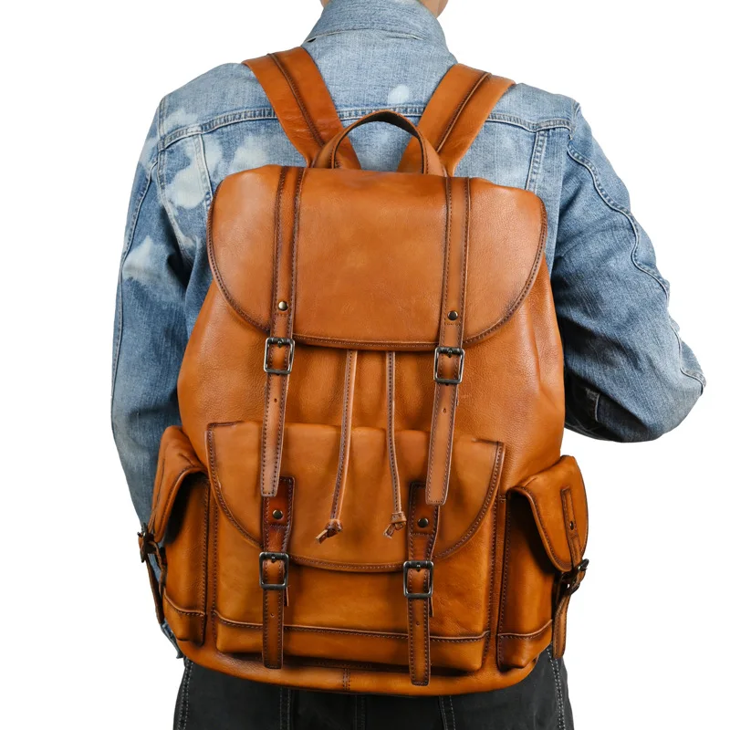 Handmade Top Layer Cowhide Backpack For Men Large Capacity Genuine Leather Knapsack Casual Camping Bag Office Laptop Backpack