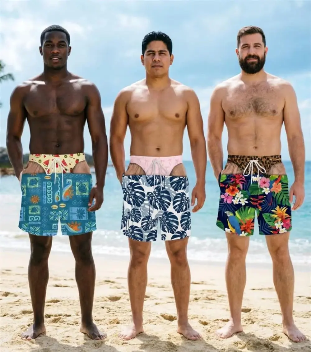 Men's Swimwear with Tropical Plant Flower Print and Funny Faux Butterfly Design, Original Party Gift,Summer Fashion Beach Shorts