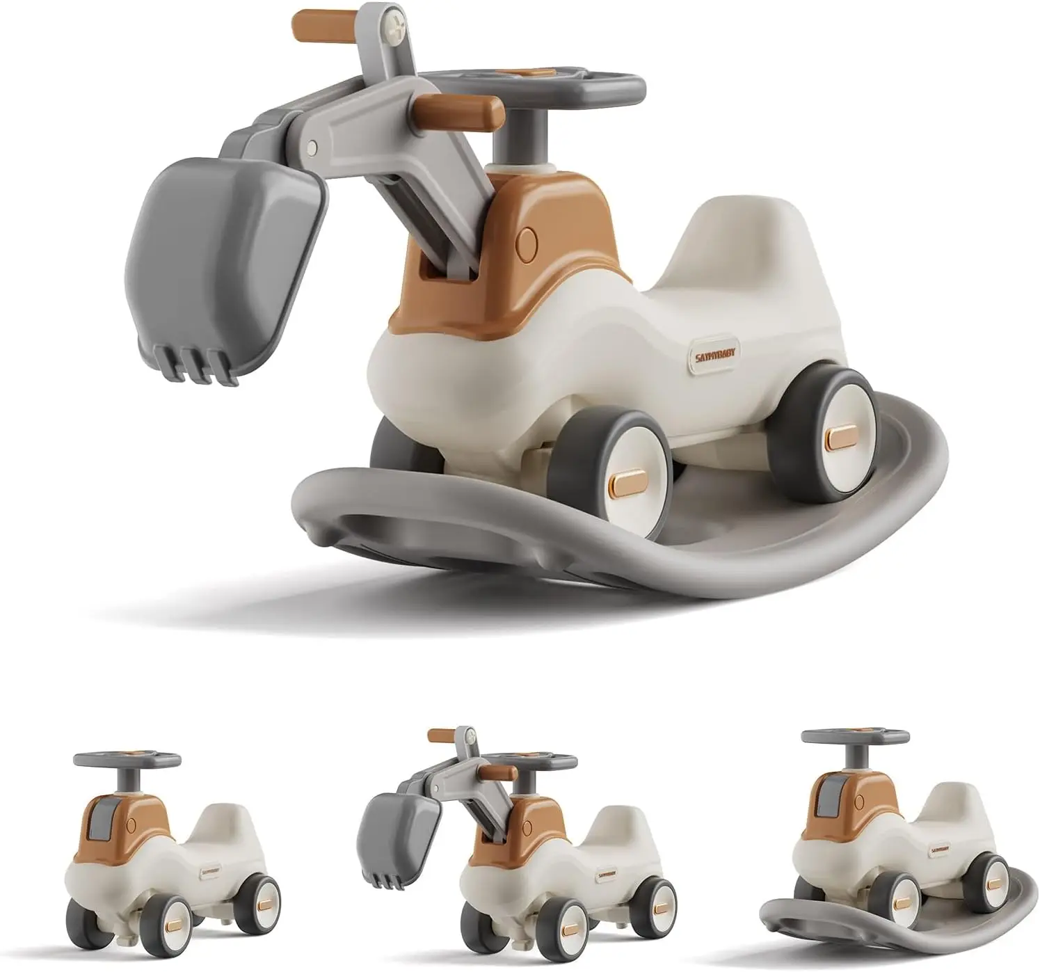 4-w-1 koparka Rocker n Ride, rowerek biegowy dziecięcy do jazdy z odczepianym Balance Board, fotel bujany dla malucha, ruchomym ramieniem,