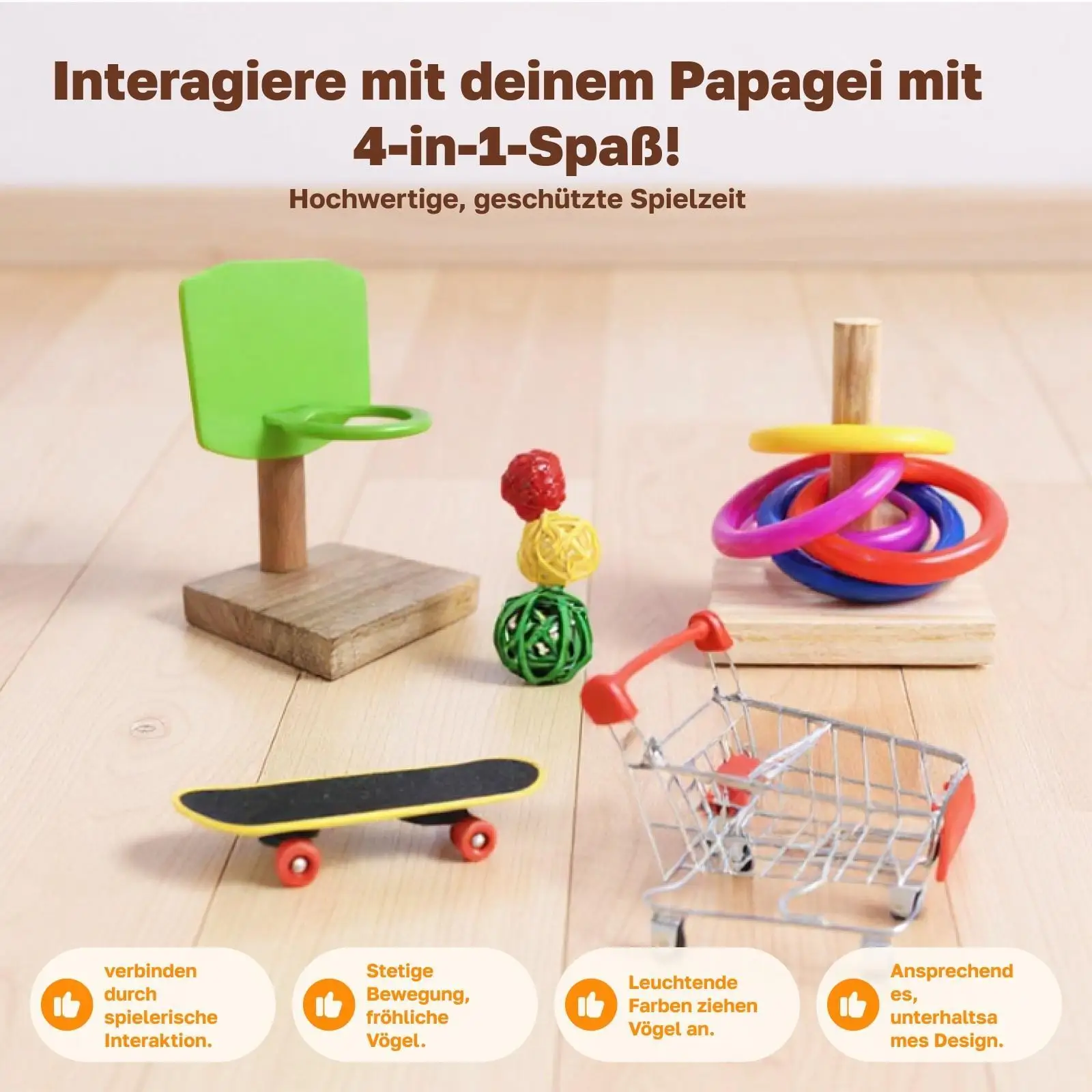 Set de 3 juguetes para cotorras, conures y agapornis: baloncesto, carrito y patineta - imagen 2