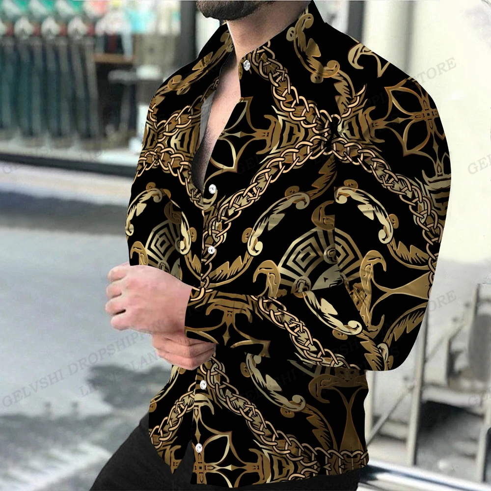 Long Sleeve Hawaii Shirts Men Fashion Shirt Luxury European Style Blouse Golden Beach Blouse Men Clothing Vocation Camisas Male