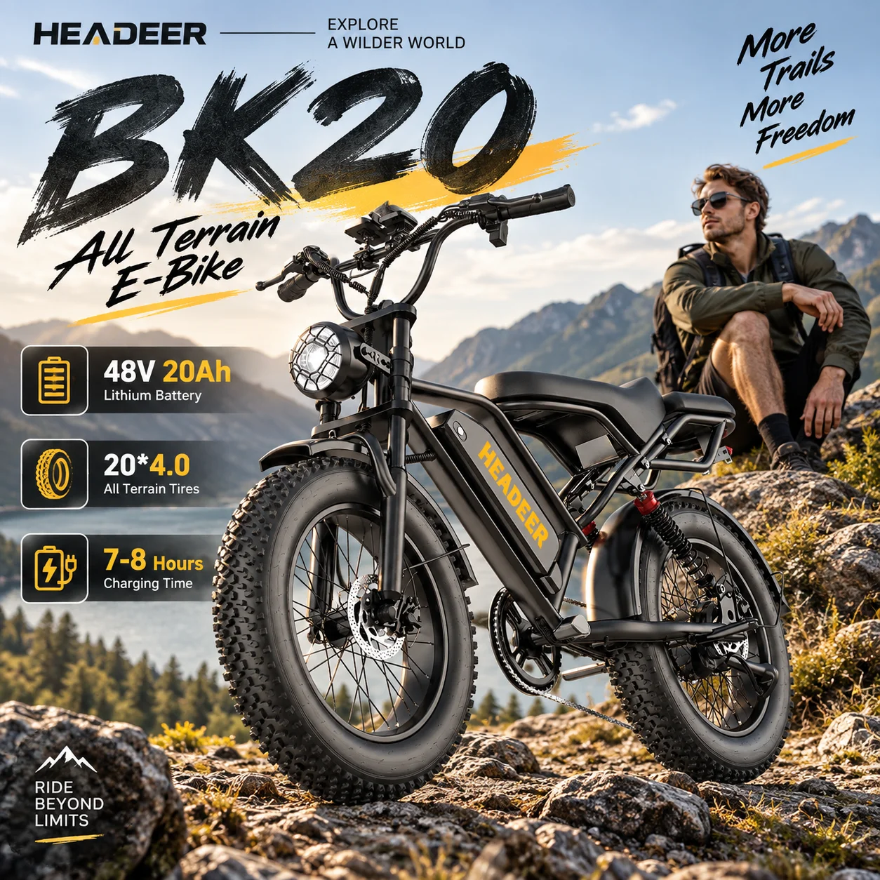 Headeer Bk20 Bicicletta Elettrica Fuoristrada per Adulti, Batteria al Litio 48V 20Ah, Pneumatici Fat 20"×4.0, Doppio Freno a Disco Meccanico, E-Bike con Sospensione Completa, Display LCD e Controllo