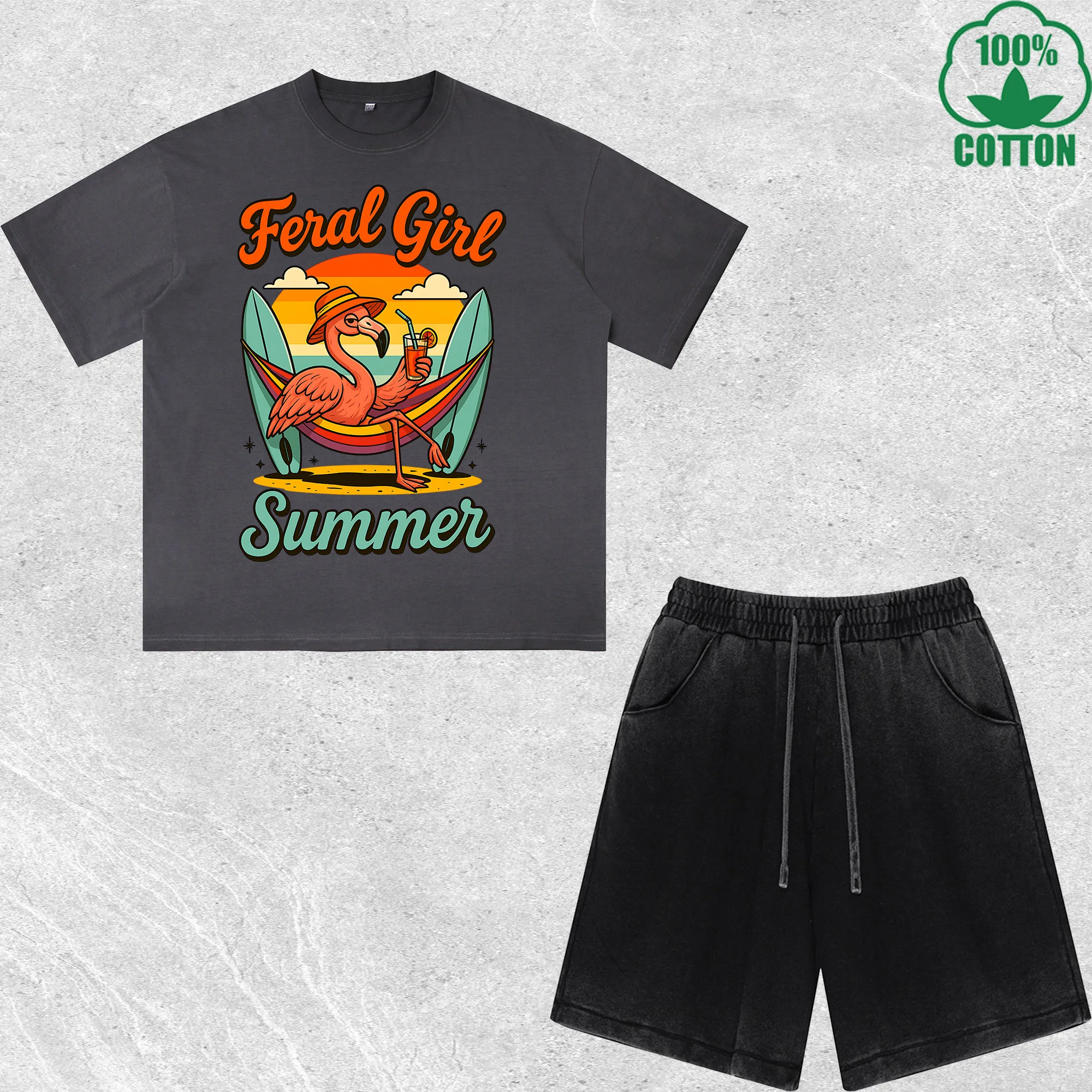

Feral Girl Summer Printed Dirty Wash T-Shirt Shorts Set Multicolor Combo Loose Trendy Fashionable 100%Cotton
