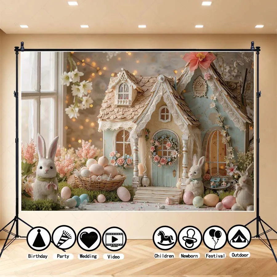 

MOON.QG 2026 Easter Day Enchanted Bunny Family Cottage Photo Background Photography Backdrop For Kid Family Party Festival Decor