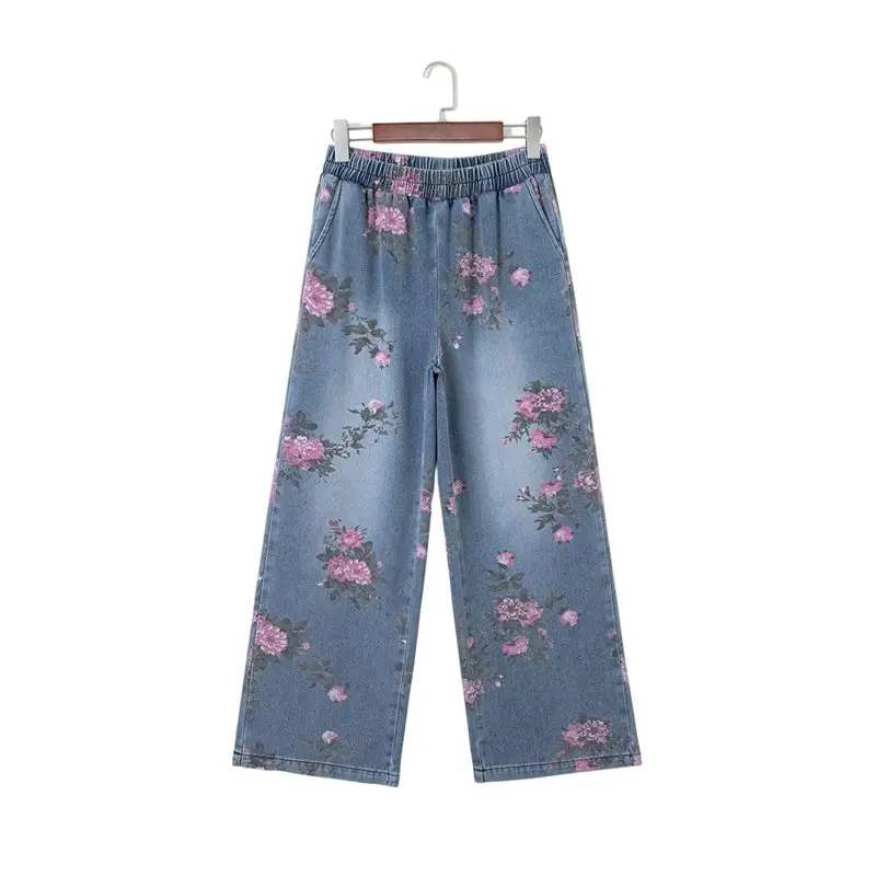 

CYL-Women Elastic Waist Cropped Wide Leg Floral Ankle Denim Capris Boho Palazzo Jeans Boyfriend