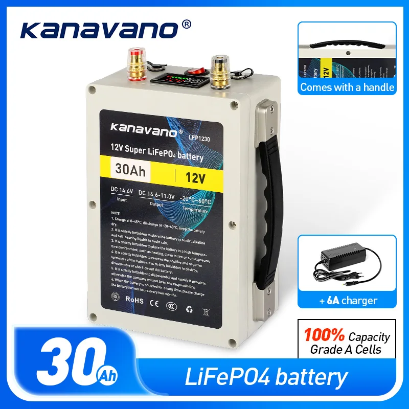 Kanavano 12V Deep Cycle 12.8V 30Ah LiFePO4 Rechargeable Battery Pack With Built-in BMS Protection With 6A EU/US Charger