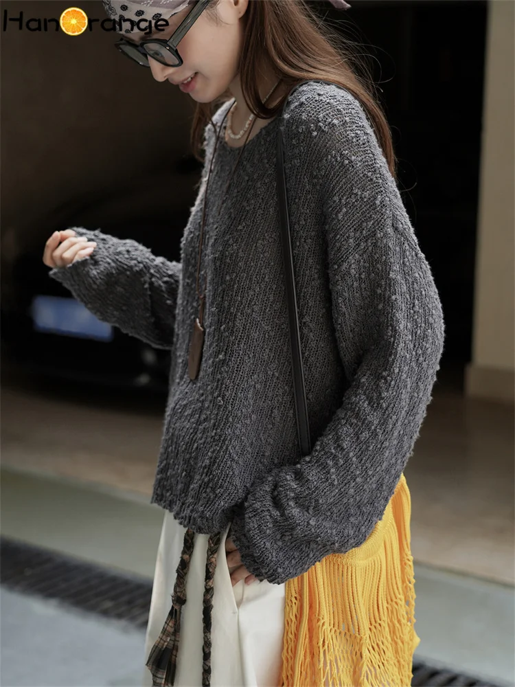 HanOrange 2025 初秋怠惰なリラクゼーション粒子テクスチャセーター女性柔らかい肌に優しいニットトップホワイト/グレー