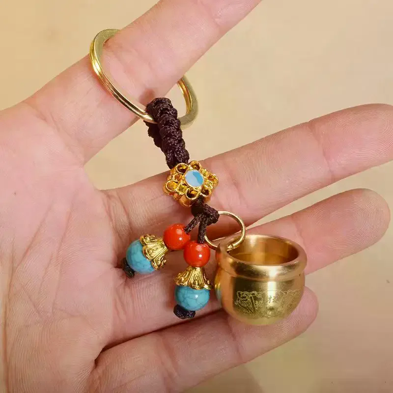 Chinese Feng Shui Gourd Keychain with Five Emperors Money Lucky Pendant Creative Wealth Key Ring Home Office Women Men Bag Charm