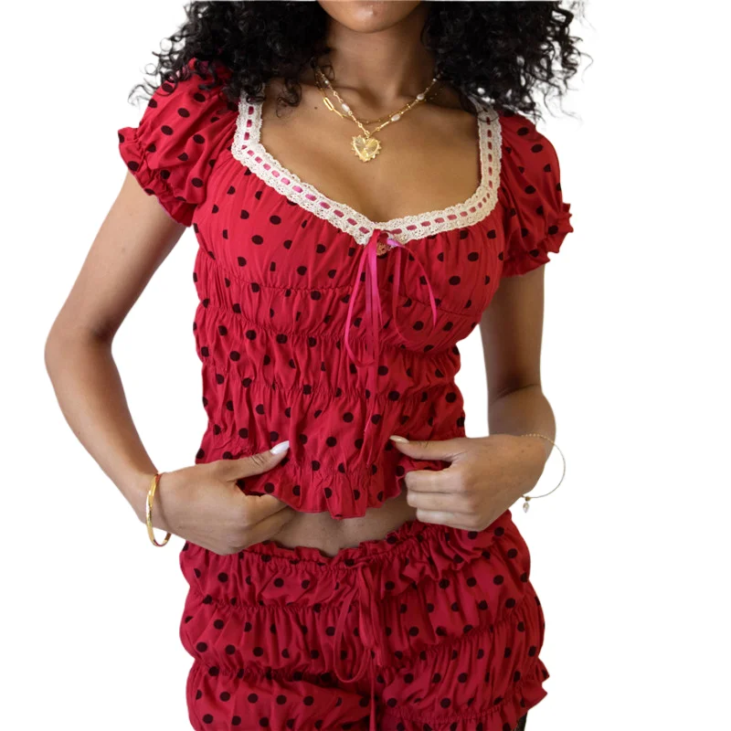 

Y2k Coquette Women Two Piece Outfits Ruffles Loungewear Solid/Dot Point Scoop Neck Short Sleeve Tie-up T-shirts Tops and Shorts