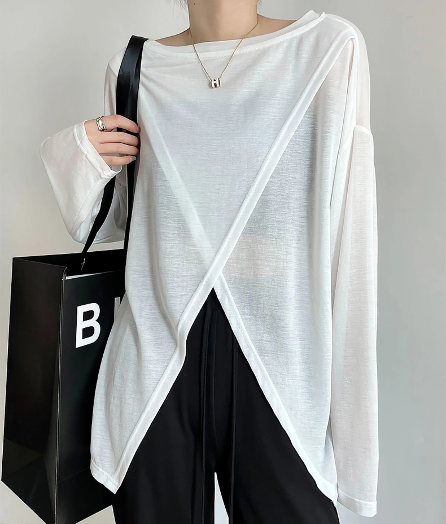 Cross-Front Knit Pullover Top Women Summer Long Sleeve Thin Cover Up Korean Style Casual Loose Black White Top