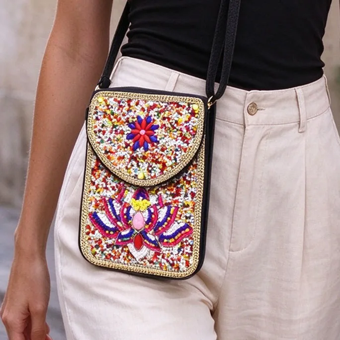 Small Rice Bead Lotus Flower Leather Bag Vintage Ethnic Handbag Travel Crossbody Antique Style Phone Bag