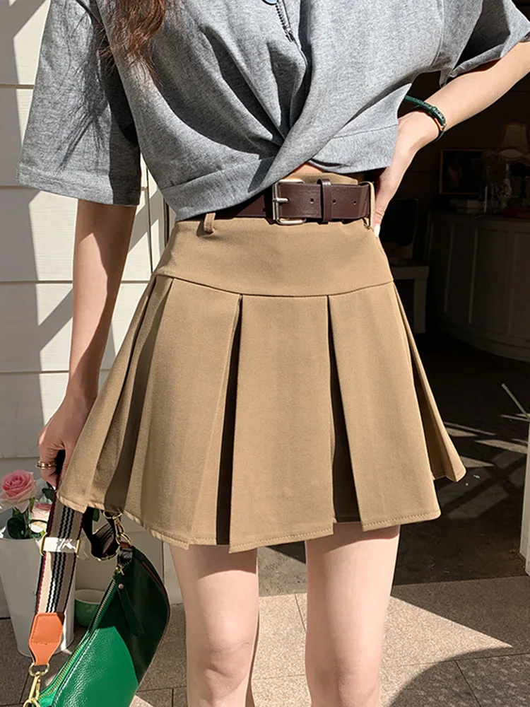 

Women Harajuku Pleated Skirt Summer Solid Casual High Waist Mini Skirt Kawaii Korean Japan Ladies Slim A-Line Skirts With Belt