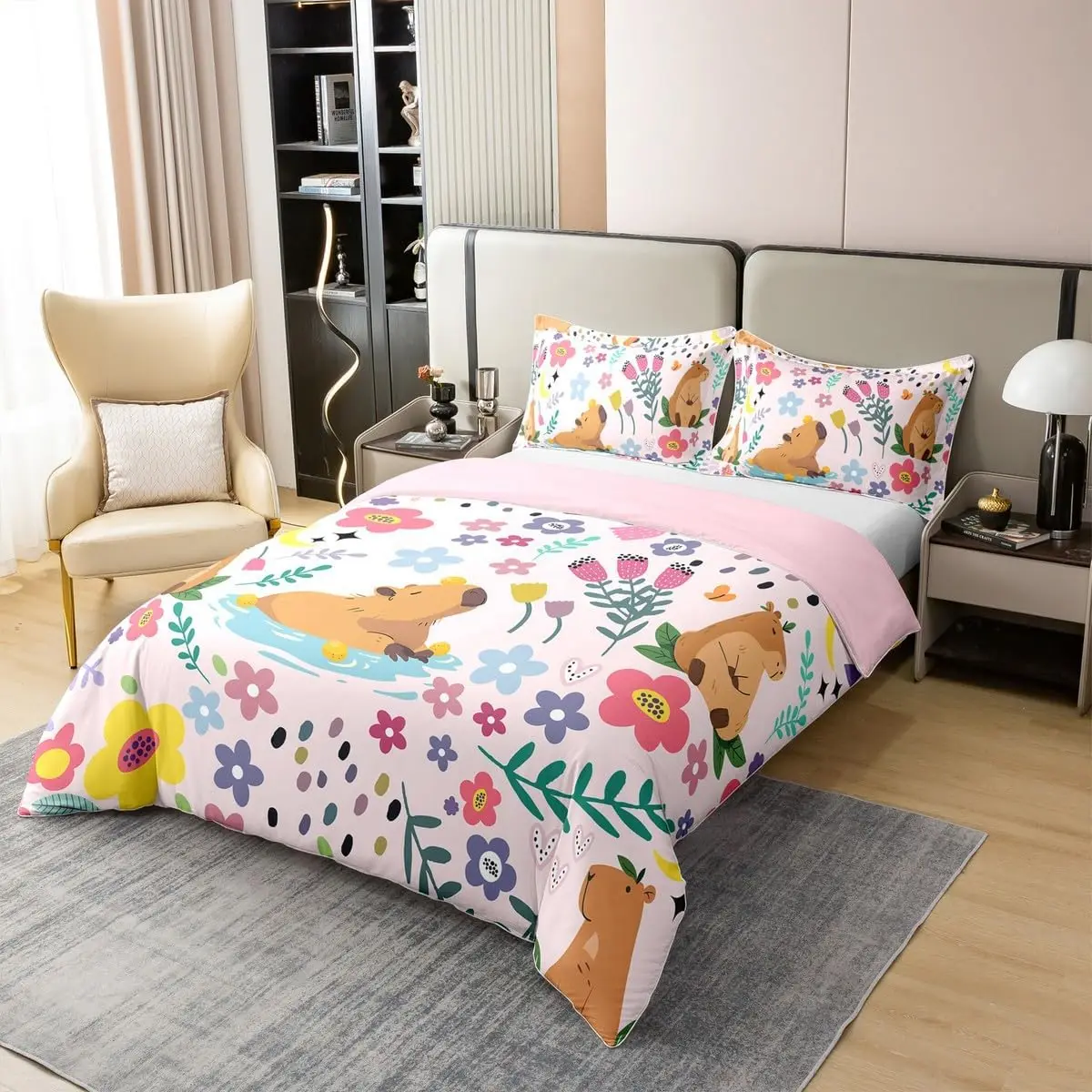 Cute Capybara Bedding Set Double Size Pink Groovy Style Cartoon Animal Duvet Cover Set 3pcs Floral Flower Moon Quilt Cover