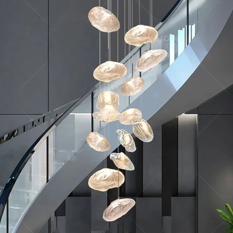 

Duplex staircase pendant lamp glass cloud long line cantilevered apartment villa living room dining room light