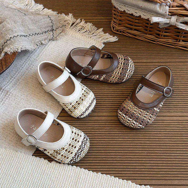 

Spring Girl's Casual Shoes Braided Hollow Out Fashion Daily Kid's Flat Shoe Beige Brown Anti-slip Versatile Light Children Shoes