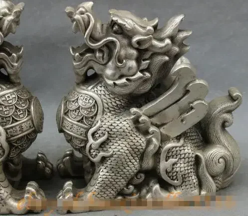 YM  306  Chinese Silver Temple Guard Exorcise Evil Spirits Dragon Kylin Lion Statue Pair