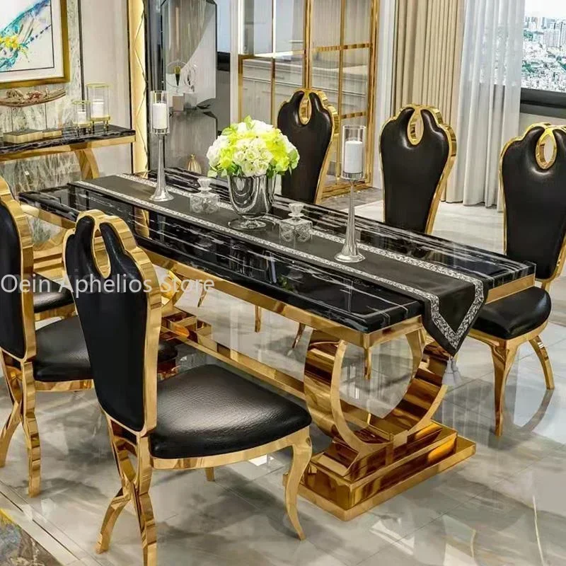 Golden Luxury Kitchen Table Marble Modern Rectangle Stable Design Plated Stainless Steel Frame Dining Table Chairs Furniture