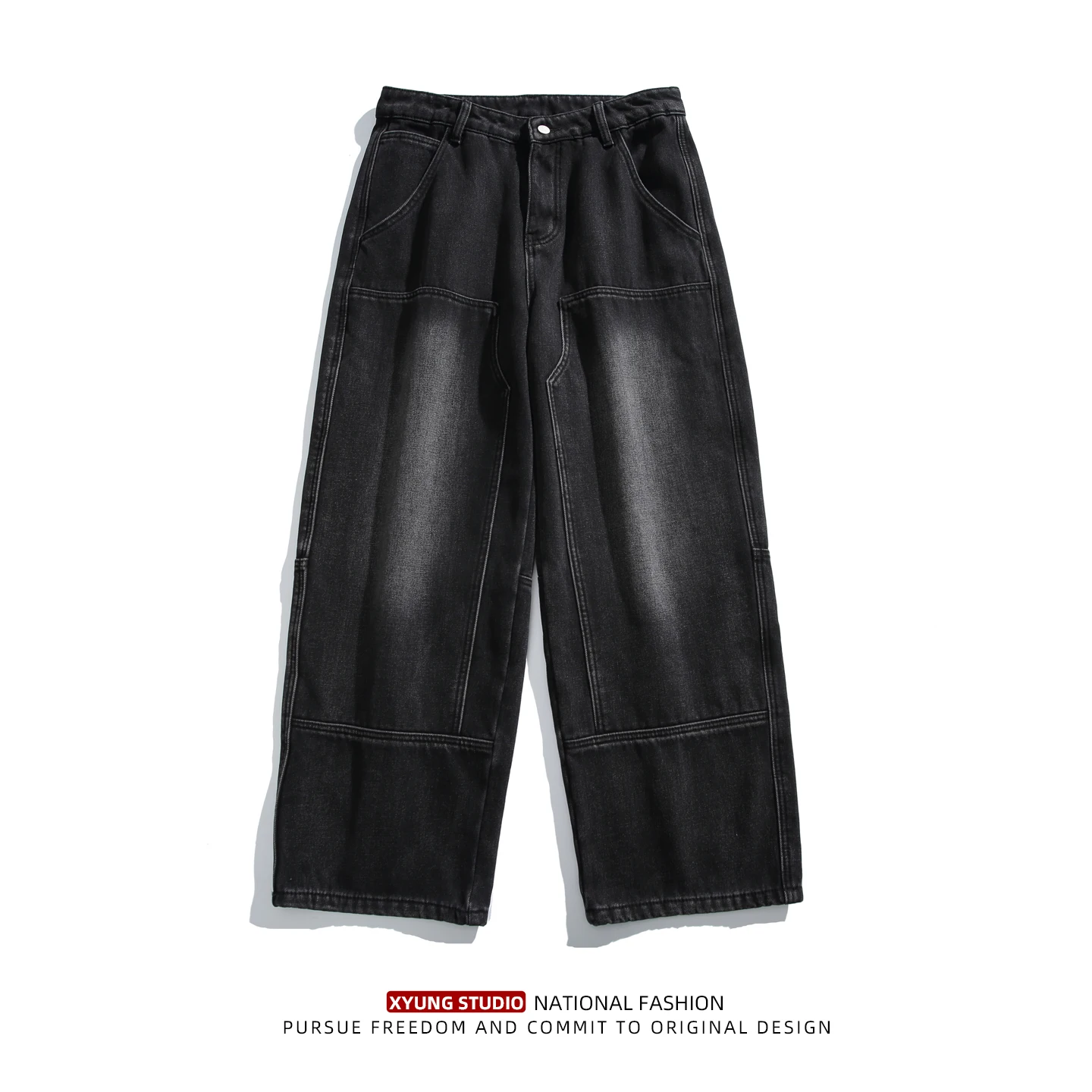 

Retro American Waed Fce Lined Thi Warm Jeans Men Loose Wide Leg Straight Cut Logging Work Long Pants Cotton Blend